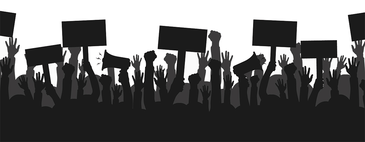 graphic of arms up in protest and holding signs