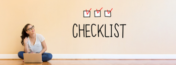 a woman sitting no the floor with a checklist graphic abover her